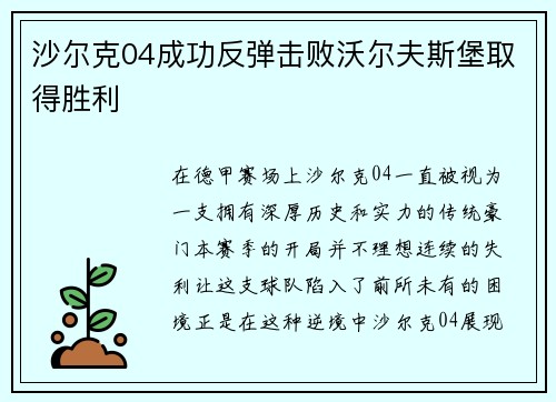 沙尔克04成功反弹击败沃尔夫斯堡取得胜利