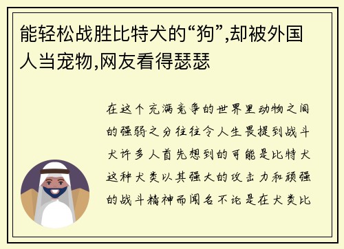 能轻松战胜比特犬的“狗”,却被外国人当宠物,网友看得瑟瑟