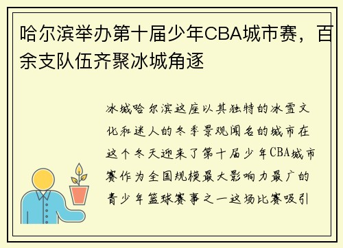 哈尔滨举办第十届少年CBA城市赛，百余支队伍齐聚冰城角逐