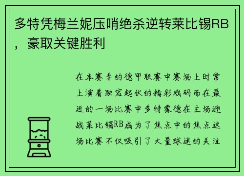 多特凭梅兰妮压哨绝杀逆转莱比锡RB，豪取关键胜利