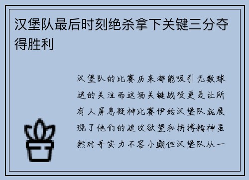 汉堡队最后时刻绝杀拿下关键三分夺得胜利