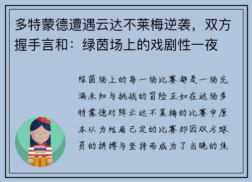 多特蒙德遭遇云达不莱梅逆袭，双方握手言和：绿茵场上的戏剧性一夜