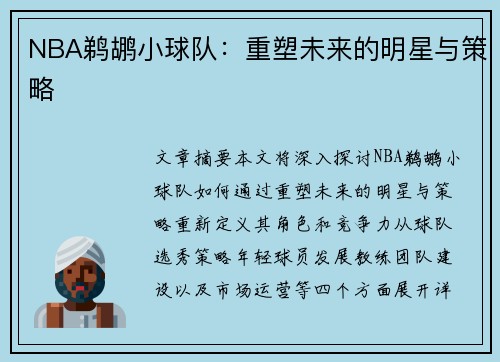 NBA鹈鹕小球队：重塑未来的明星与策略